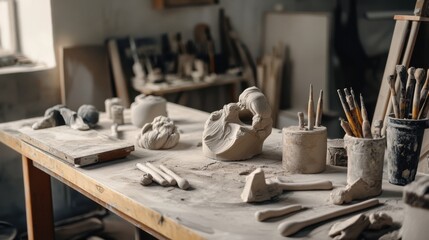 Aufkleber - A tranquil sculpting studio with clay and sculpting tools, Sculpting tools arranged around a sculptor's workbench, Contemporary studio style