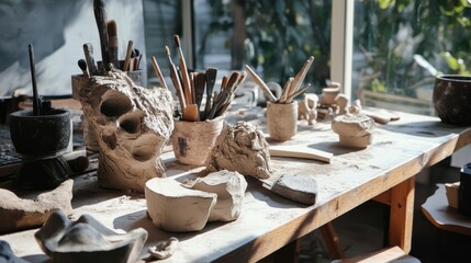 Aufkleber - A tranquil sculpting studio with clay and sculpting tools, Sculpting tools arranged around a sculptor's workbench, Contemporary studio style