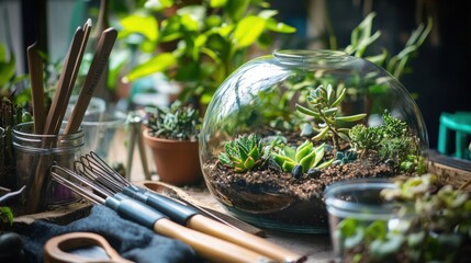 Poster - A tranquil terrarium workshop with gardening tools and succulents, Gardening tools arranged in a glass terrarium workshop, Botanical workshop style