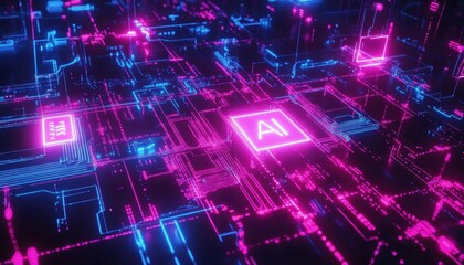 Poster - Abstract Neon Circuit Board Displays AI Technology