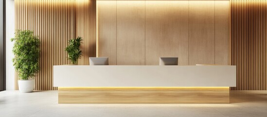 Poster - Modern reception desk with wooden accents in minimalist office space featuring bright lighting and room for branding or text.