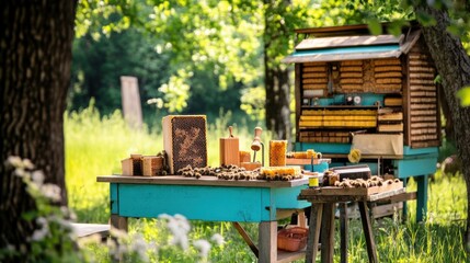 Poster - A vibrant beekeeping setup amidst buzzing hives, Beekeeping tools and honeycombs, Naturalistic agricultural style