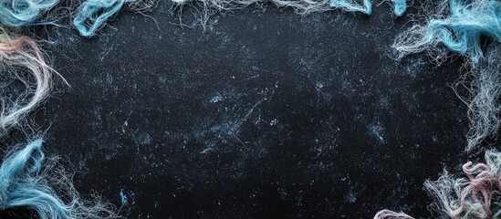 Poster - scattered cleaning lint on dark background creating empty space for text or design elements in adver
