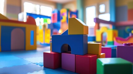 Aufkleber - A vibrant children's playroom filled with educational blocks, Blocks sorted in thematic play areas, Educational play style
