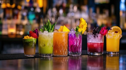 Aufkleber - A vibrant cocktail mixology bar with bartending tools and craft cocktails, Artisan cocktail creation style, photo of