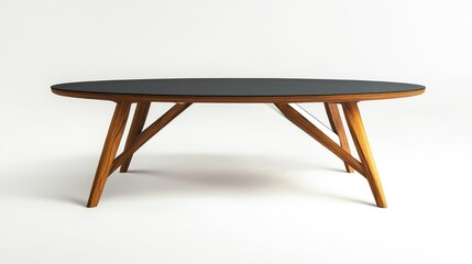 Poster - Modern minimalist coffee table featuring wooden legs and a sleek metal top design isolated on a white background for interior decor inspiration