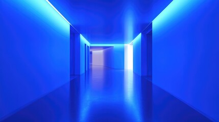 Poster - futuristic blue light corridor with volumetric lighting effects in a contemporary space