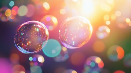 Poster - Bubbles with Soft Lens Flare and Neon Background Creating a Dreamy Atmosphere for Creative Visuals and Projects