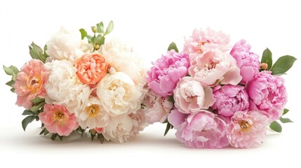 Wall Mural - Bouquets of Peonies and Garden Roses in Soft Pastel Colors on White Background