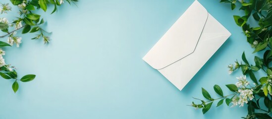 Poster - caring letter placed on a blue background with green foliage and empty space for personalized text o
