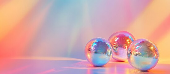 Poster - colorful disco balls reflecting light with a vibrant background and soft hues ideal for party themes