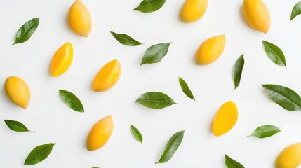 Poster - Vibrant ripe yellow mangoes scattered with fresh green leaves on a clean white background ideal for food and health themed projects