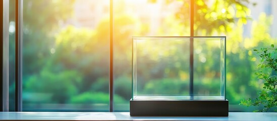 Poster - caring for fragile glass display cabinet with empty space for text in bright sunlight showcasing sec