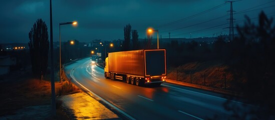 Poster - Nighttime cargo transport concept with truck illuminated on road highlights logistics delivery efficiency and urban infrastructure.