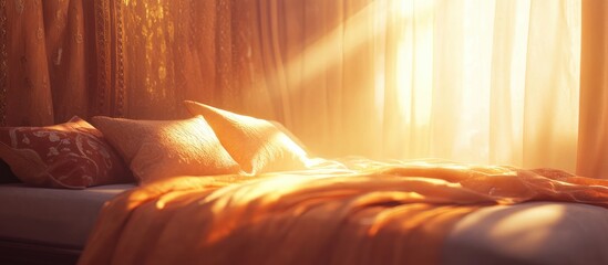 Poster - serene bedroom scene with natural sunlight highlighting pillows and a duvet creating a warm inviting