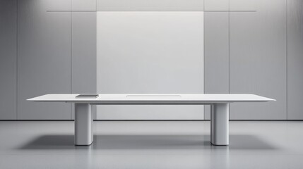 Aufkleber - Modern minimalist workspace featuring a white table with office supplies and a blank wall area ideal for text or product placement.