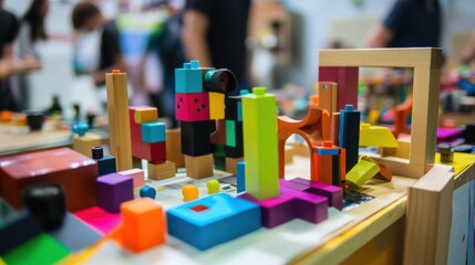 Aufkleber - A vibrant maker faire with innovators showcasing DIY projects made from blocks, Blocks used in innovative DIY projects, Maker culture style