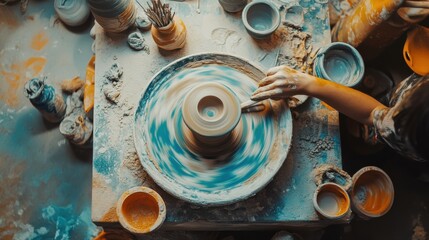 Aufkleber - A vibrant pottery workshop with neatly arranged tools, Pottery wheel spinning with artistic finesse, Craft-inspired style