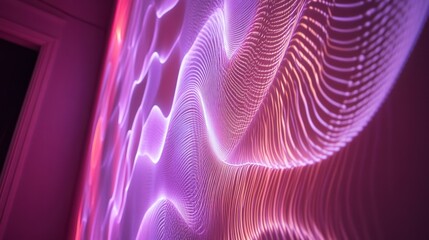 Wall Mural - Abstract pink and purple light wave pattern on a wall.