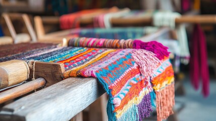 Poster - A vibrant textile weaving workshop with looms and colorful yarns, Artisan textile craftsmanship style, photo of