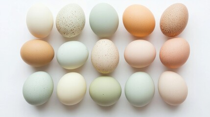 Poster - Pastel colored eggs in various shades arranged on a white background for spring holiday and decoration themes