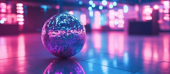 Poster - Disco ball reflecting colorful lights in an empty event hall with spacious layout ideal for promotions and text overlay.