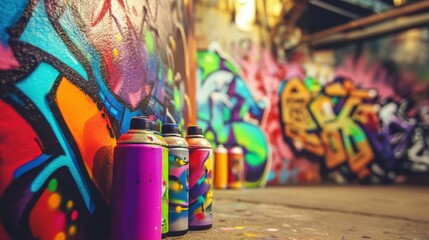 Poster - A vibrant urban graffiti alley with spray cans and street art tools, Urban art expression style, photo of