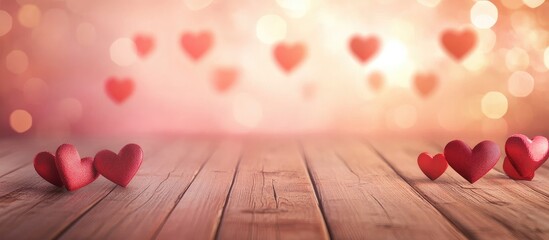 Poster - Vintage Wooden Floor with Blurry Bokeh Hearts Romantic Background for Web Banner Card Empty Space for Text on Valentine's Day