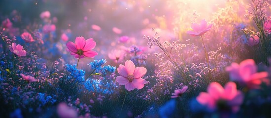 Poster - serene garden scene with vibrant pink and blue flowers illuminated by sunset light creating a dreamy