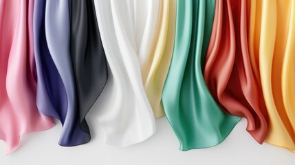 Poster - Colorful silky fabrics draped elegantly on a soft gradient white background showcasing a variety of smooth textures and fluid patterns