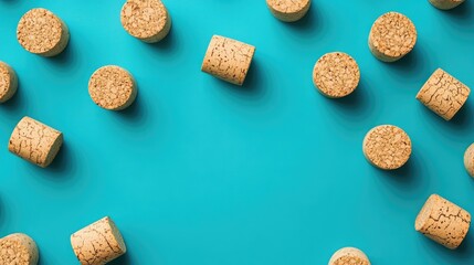 Poster - cork stoppers arranged on a vibrant blue background with ample space for text or graphics for creati