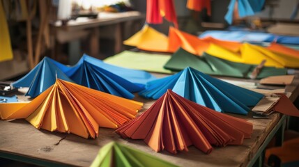 Aufkleber - A well-ordered kite-making workshop, Colorful kites in various stages of assembly, Artisanal craftsmanship style