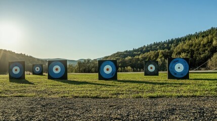 Poster - A well-organized archery range under a clear sky, Bows and targets aligned for precision shooting, Sporting challenge style