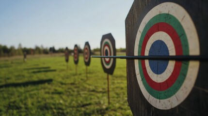 Poster - A well-organized archery range under a clear sky, Bows and targets aligned for precision shooting, Sporting challenge style