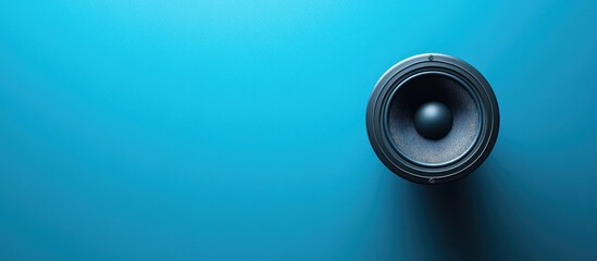 Poster - top view of a black loudspeaker on a vibrant blue background with ample negative space for adding cu