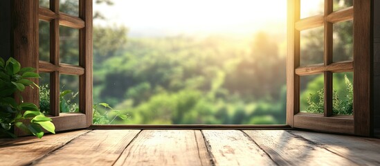 Wall Mural - Scenic View of Green Summer Hills Through Open Wooden Window Frame with Blurred Background and Blank Space for Text in Cozy Interior Setting