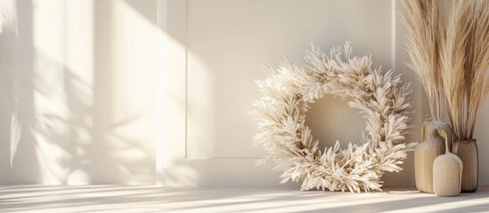Poster - Minimalistic Christmas Wreath Decor on Porch Floor with Pampas Grass Light and Airy Setting Ample Copy Space for Text