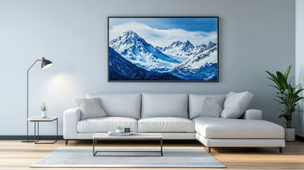Poster - scandinavian style living room featuring a corner sofa with mountain landscape artwork on the wall a