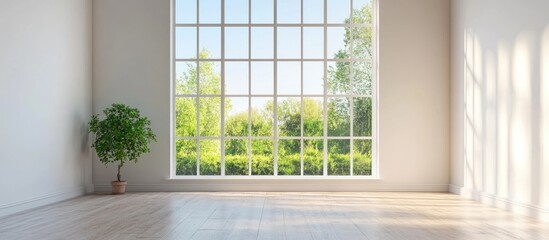 Poster - spacious modern room with large window bright natural light and green view ideal for interior design
