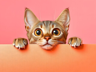 Cat with wide eyes looking, pink background.