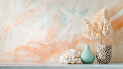 Poster - Coral Background with Dried Plants and Decorative Stones for Eco Friendly Luxury Bathroom Aesthetic