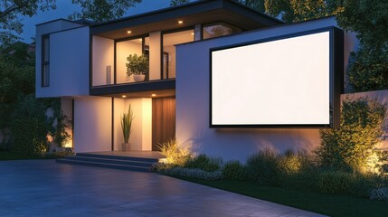 Poster - modern house corner with digital display board in evening light, ideal for advertising or announceme