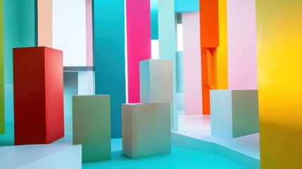 Poster - An abstract arrangement of building blocks in a futuristic art gallery, Blocks forming interactive installations, Futuristic artistic style