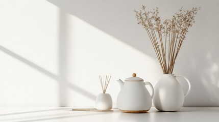 Poster - minimalist home decor with a white teapot and reed diffuser against a bright wall featuring elegant 