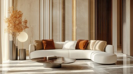 Poster - modern living room interior design featuring a curved white sofa, decorative vase, and warm soft lig