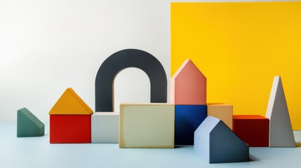 Poster - An abstract arrangement of building blocks in a minimalist art gallery, Blocks arranged in geometric precision, Contemporary abstract style