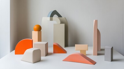 Poster - An abstract arrangement of building blocks in a minimalist art gallery, Blocks arranged in geometric precision, Contemporary abstract style