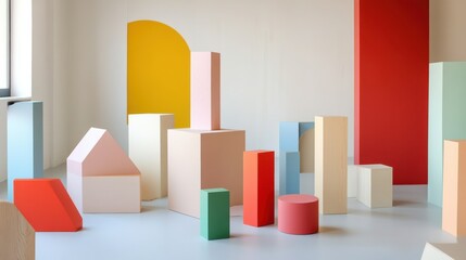 Poster - An abstract arrangement of building blocks in a minimalist art gallery, Blocks arranged in geometric precision, Contemporary abstract style