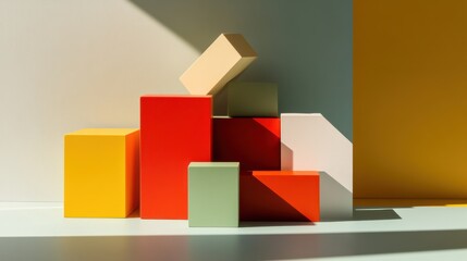 Poster - An abstract arrangement of building blocks in a minimalist art gallery, Blocks forming geometric sculptures, Contemporary abstract style