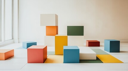 Aufkleber - An abstract arrangement of building blocks in a minimalist art gallery, Blocks forming intricate patterns, Contemporary abstract style